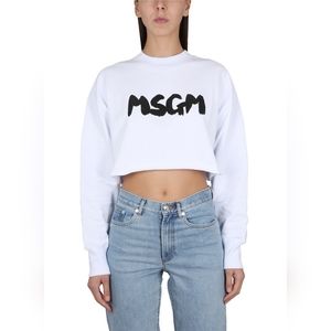 NWT MSGM Embossed Patch Logo brushstroke  Cropped Sweatshirt White SZ S